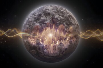 Enigmatic cosmic egg holds a luminescent city amidst interstellar energy waves
