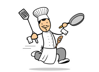 Schneller Cartoon Koch rennt mit Pfanne