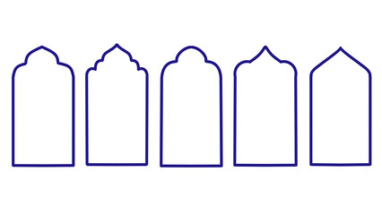 Set of Five Blue Islamic Arch Vector Silhouettes on White Background, Oriental Window Frame Shapes, Mosque Door Outlines, Transparent