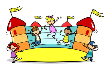 Gruppe Kinder feiert Party mit bunter H&uuml;pfburg