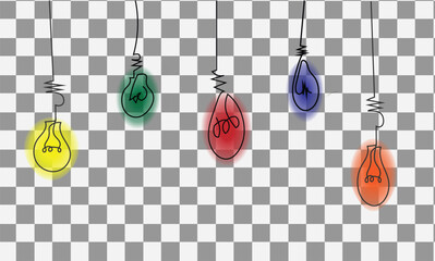 Colorful Hanging Light Bulbs Line Art Illustration – Modern Minimalist Glowing Lamp Artwork for Creative Decor, Neon Aesthetic Wall Art, Abstract Lighting Design bulb