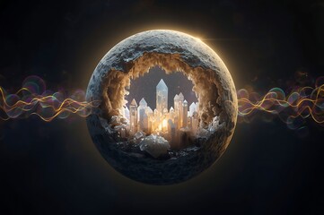 Enigmatic futuristic cityscape encased within a glowing orb against a cosmic backdrop