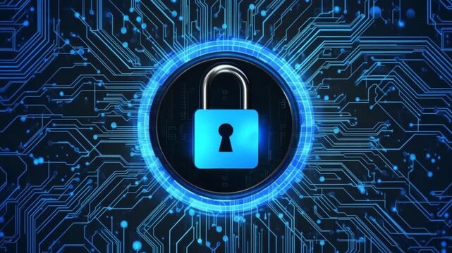 A digital lock icon stands out against a complex circuit board, symbolizing security.