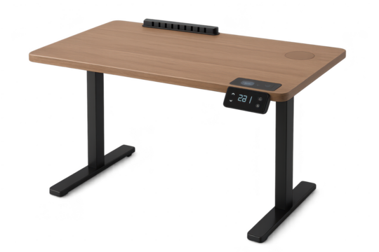 Modern adjustable standing desk, wooden top, transparent background.