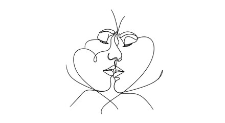 Continuous line art capturing a passionate kiss between two individuals in love