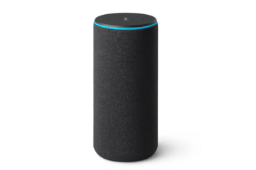 Dark gray smart speaker with blue light ring isolated on a transparent background