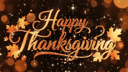 Happy thanksgiving greeting text with falling autumn maple leaves and warm orange bokeh light effect on dark background