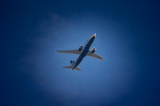 Boeing 737 MAX 8-200 aircraft taking off from Rzesz&oacute;w Airport (Jasionka). Dark clouds over Ryanair. Airplane 9H-VUH