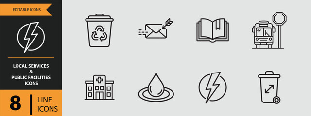 8 Local Services and Public Facilities Icons outline icon set. Outline public facility icons for local services and community use