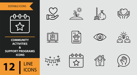 12 Community Activities and Support Programs Icons outline icon set. Outline community activity icons for support programs and events