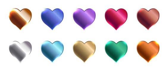 Vibrant set of glossy metallic hearts in rich gradient colors, for digital designs, stickers, Valentine Day decor accents, and creative projects.