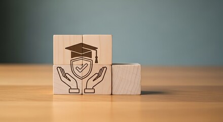 Education investment protection concept with wooden blocks featuring graduation cap and shield representing secure future and financial planning