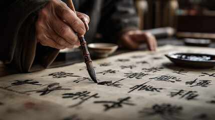Calligrapher painting Chinese characters with ink brush on rice paper, close-up of flowing strokes, Confucian wisdom