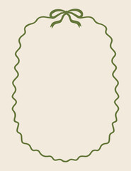 Wavy frame with a ribbon bow. Vector green vintage frame, isolated. Border for menus, invitations, and cards.