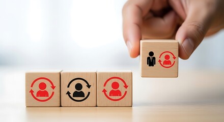 Hand placing wooden block with person icon and arrow representing employee turnover recruitment or career change concept in business
