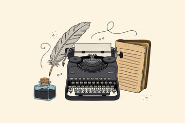 Vintage typewriter with feather quill and inkwell illustration of classic writing tools for creative writing and historical themes