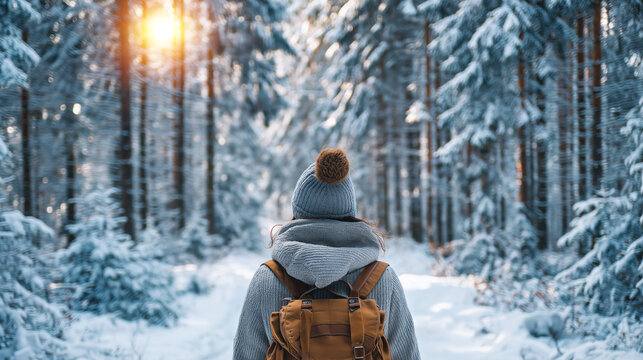 winter hiker walking through sunny snowy forest