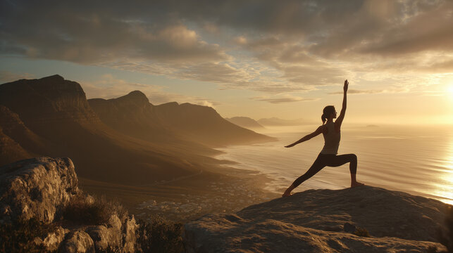 woman performing warrior ii yoga pose on a mountain cliff at sunset - Powered by Adobe