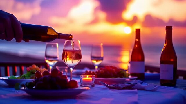 wine bottle pouring into glass during sunset over ocean.