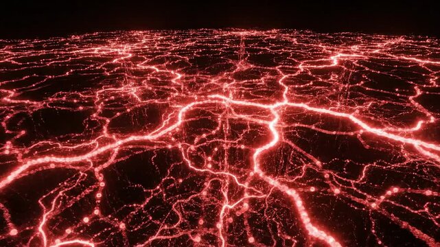 Dynamic visualization of countless glowing red data nodes rapidly moving along a complex, constantly shifting neural network path against a black void path, communication, neural network path