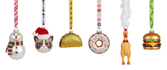 PNG funny Christmas ornaments set hanging from decorative ribbons isolated on transparent background