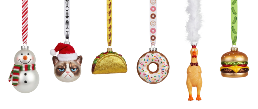 PNG funny Christmas ornaments set hanging from decorative ribbons isolated on transparent background