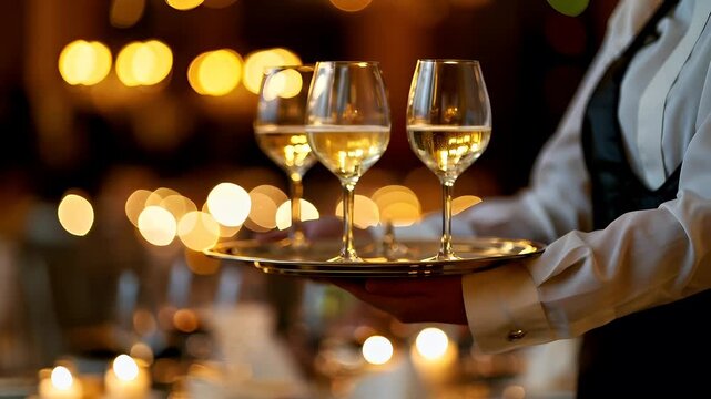 A waiter holding a tray with white wine glasses in a dimly lit restaurant setting.