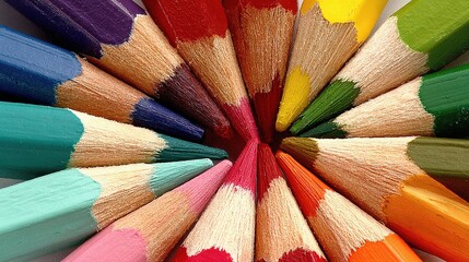 Holiday rainbow-circle crayons on white, 36 sharp tips negative space for Xmas/back-to-school promo banner