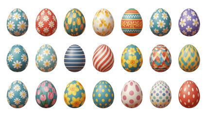 Vibrant collection of decorative Easter eggs, showing diverse patterns and spring motifs for holiday celebrations