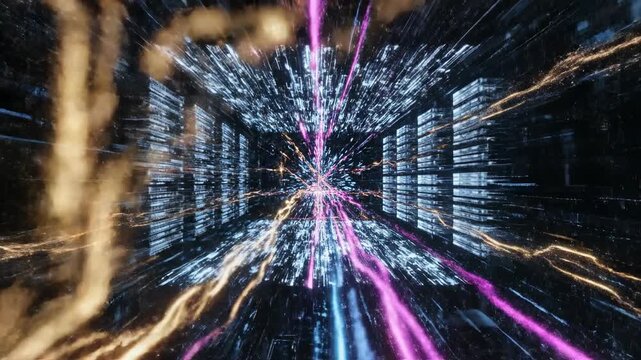 Dynamic visualization of non-linear data pathways branching and merging in a futuristic digital network environment futuristic, solution, empty space
