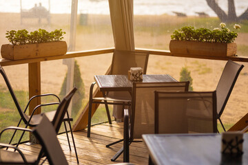 Beautiful views, public space city cafes, on a summer day