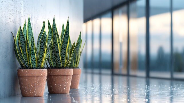 Modern snake plants in pots bring a touch of nature to the sleek, rainy office space creating a calming and productive work environment.