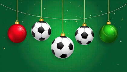 Naklejka premium Festive soccer ball Christmas ornaments hanging on a green chalkboard background.