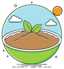 Soil in Green Pot with Leaves Cartoon Illustration for Gardening, Agriculture and Nature Concepts Against Cloudy Sky Background