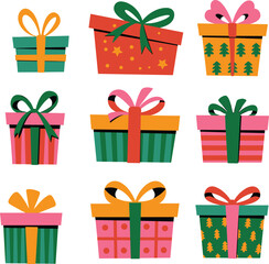 Nine colorful gift boxes, festive wrapping, holiday packaging, birthday presents, cheerful ribbons, vibrant patterns, celebration theme, party decoration, surprise elements, joy