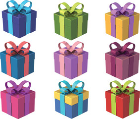 Nine colorful gift boxes, festive wrapping, birthday presents, holiday packaging, cheerful ribbons, vibrant design, celebration theme, party decoration, surprise elements