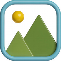 3D Icon of a Landscape with Mountains, Sun, and a Blue Frame