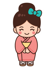 Cartoon Illustration of a Japanese Woman in Kimono
