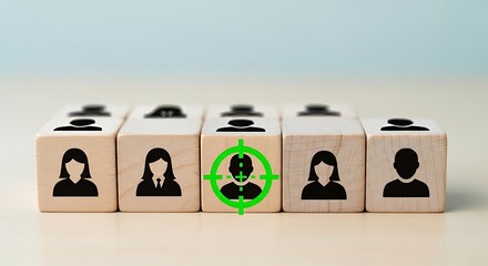 Wooden blocks displaying human silhouettes one highlighted with a green target representing recruitment talent acquisition and focused selection process