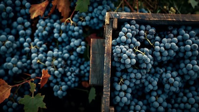 A closeup of a wooden crate filled with blue grapes. The grapes are clustered together, with some overlapping others. The crate is weathered, with visible wear and tear.
