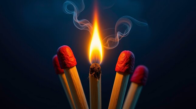 Close-up macro shot of several wooden matchsticks lined up with one central matchstick ignited, burning brightly with a glowing orange flame and subtle smoke swirling around.