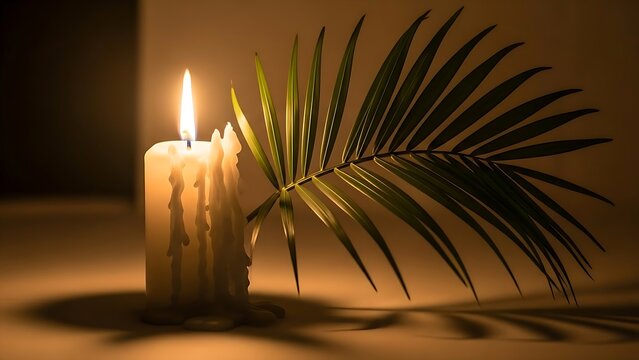 a softly lit dripping wax candle stands beside a vibrant green palm leaf against a muted warm toned background creating a peaceful ambiance high quality professional