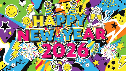 Funky Pop Art 'Happy New Year 2026' Poster with Bold Outlined Typography and Cheerful Graphics