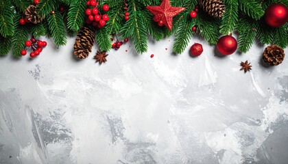 Festive Christmas border with evergreen branches pine cones red berries and ornaments on textured background.