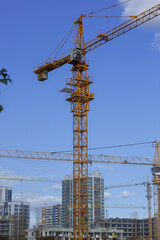 Fototapeta premium Construction cranes and new buildings, construction work of modern skyscrapers on a sunny day.