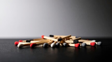 A scattered pile of wooden matchsticks lying on a dark black surface with some match heads are clearly visible, with some having bright red tips and others having gray or white tips.