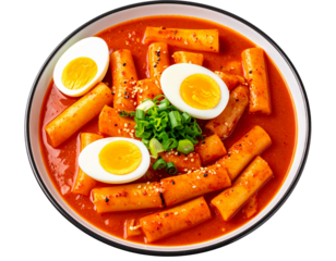 Flat Lay of Spicy Tteokbokki with Halved Boiled Egg and Chopped Scallions, Top View, Isolated