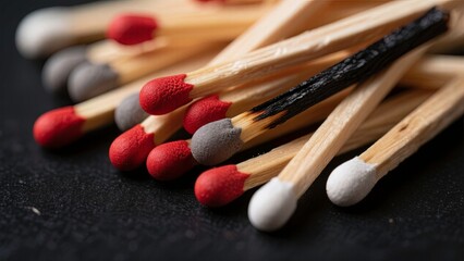 A scattered pile of wooden matchsticks lying on a dark black surface with some match heads are clearly visible, with some having bright red tips and others having gray or white tips.