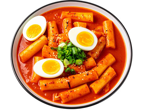 Flat Lay of Spicy Tteokbokki with Halved Boiled Egg and Chopped Scallions, Top View, Isolated - Powered by Adobe
