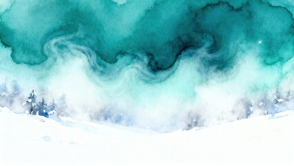 Watercolor landscape with snowy forest and green swirling sky  